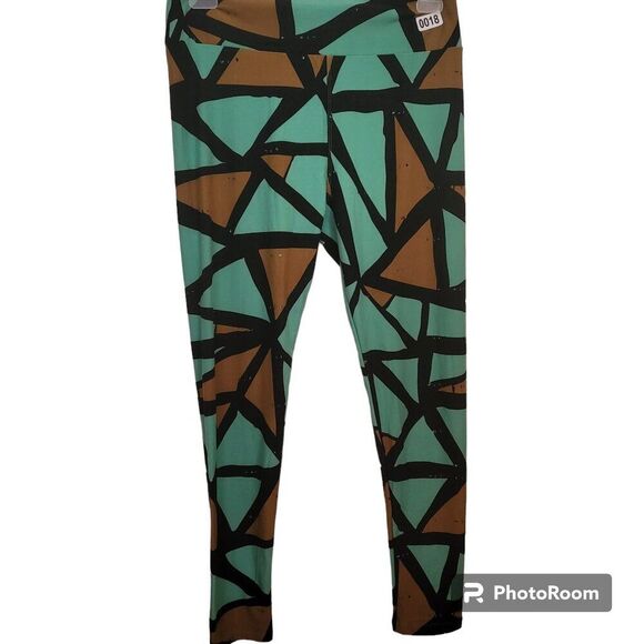 LuLaRoe Green & Brown Triangle Pattern Tall & Curvy Leggings - Picture 1 of 5